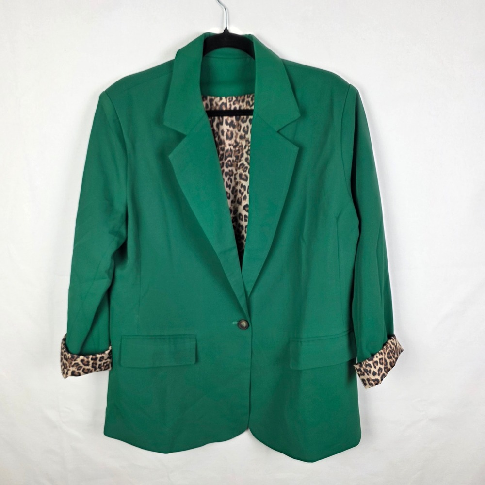 Emerald Green Leopard Print Lined Blazer Single Button Jacket Women Large
